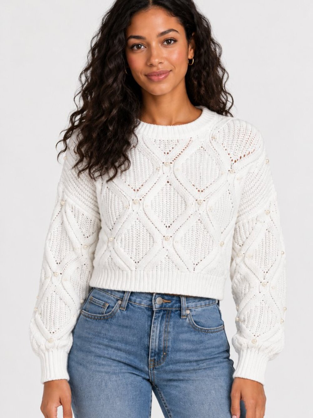 NWT Planet Heart White Cable Knit Cropped Sweater Size L Juniors